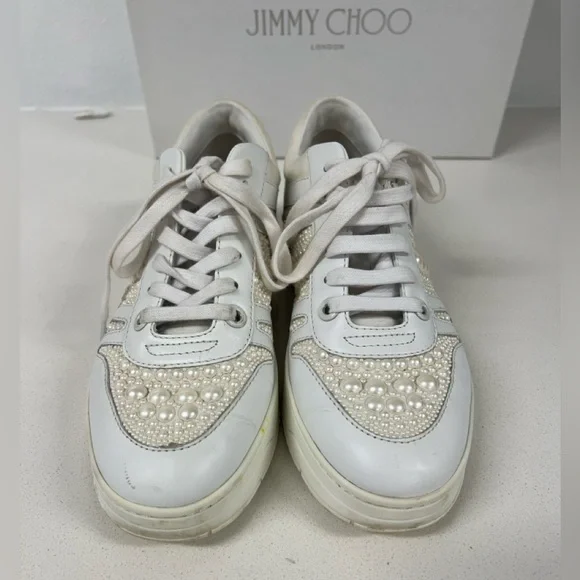 JIMMY CHOO Hawaii Calf Leather/ Canvas White Pearl Women’s Sneakers - Picture 4 of 8